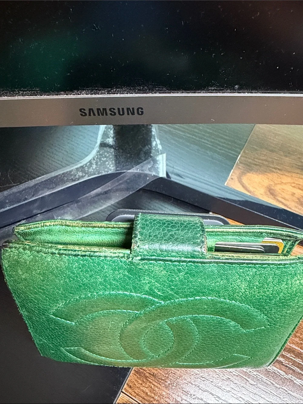 CHANEL Green Quilted CC Leather Wallet